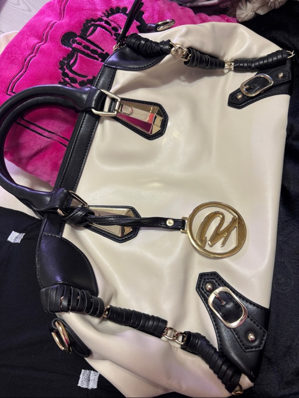 Galian Two-Tone Cream and Black Satchel with Gold Charm